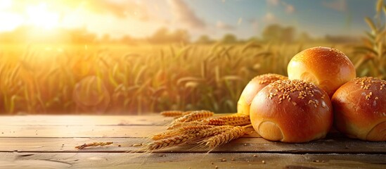 Poster - Wooden table displaying freshly baked buns with a blurred backdrop of a wheat field in summer providing copy space for food and drink products in the image