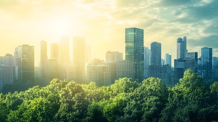 Poster - Striking city skyline showcases the concept of sustainable urban development highlighting the of carbon credit initiatives and green technology for a more eco friendly future