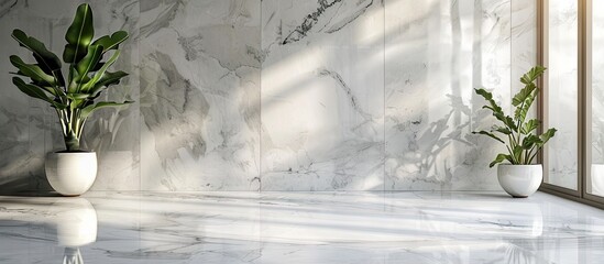 Interior decor with white marble flooring provides a sophisticated backdrop for merchandise display against a studio backdrop wall with light and shadows ideal for a copy space image