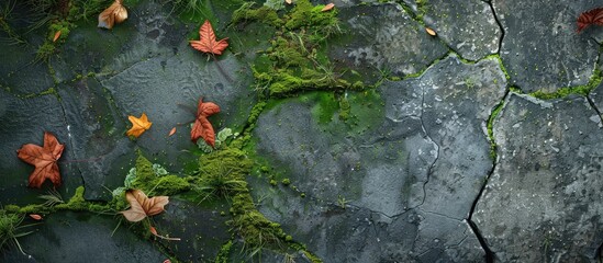 Sticker - A moss covered cracked cement floor with scattered plant leaves offers a natural setting for a copy space image