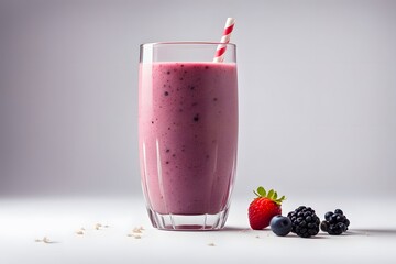 A refreshing glass of berry smoothie with visible fruit pieces and a straw on a white background, Ai Generated