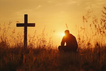 Man kneeling in prayer next to a cross at sunset, silhouette scene.
