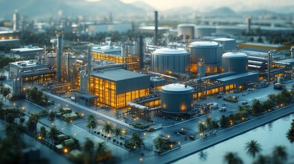 Poster - The factory features advanced design for zero waste production, with illuminated structures and surrounding greenery at dusk.