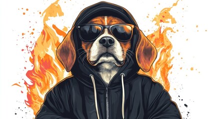 Wall Mural - Beagle in a Hoodie with Sunglasses and Fire