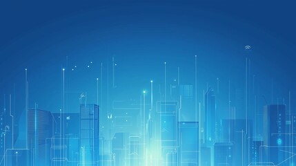 Poster - futuristic city skyline glowing in blue with digital patterns and connectivity icons at dusk