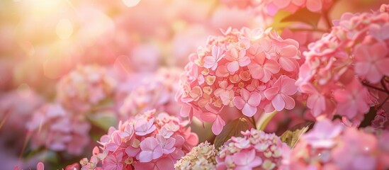 Fototapete - Beautiful hydrangea flowers in a garden with a selected focus on French Hydrangea macrophylla or Hortensia blooms creating a serene copy space image