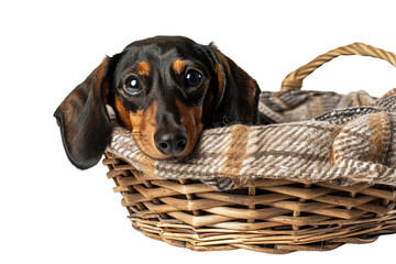 Wall Mural - dachshund puppy in basket isolated on white background