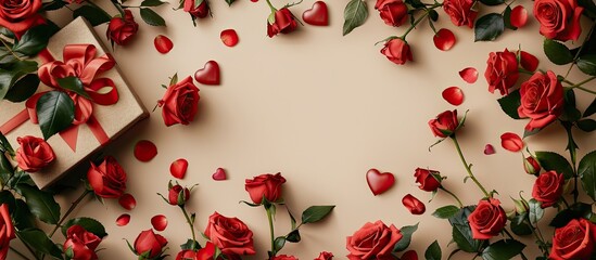 Leinwandbilder - A top view flat lay arrangement with a frame of vibrant red roses a gift box and a heart on a beige background creating a display with ample copy space for customization