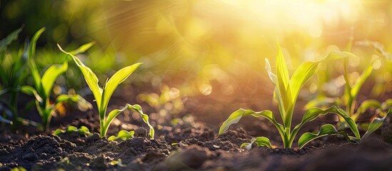 Canvas Print - Close up view of young corn plants in a field with the natural sunlight in the background portraying an agricultural theme with copy space image