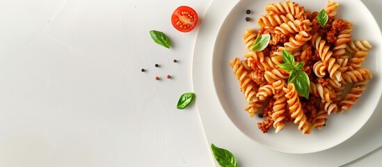 Poster - Homemade Italian pasta served on a white plate atop a white cardboard background with copy space image