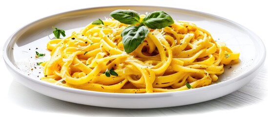 Poster - Fettucine pasta with pumpkin alfredo sauce served on a ceramic plate with a white background ready for your copy space image