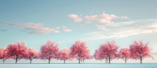 Poster - A beautiful wallpaper background featuring pink cherry blossom trees under a blue sky creating a serene copy space image