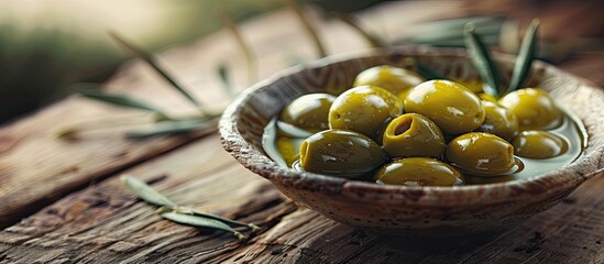 Aufkleber - Green olives soaked in rich extra virgin olive oil on a rustic wooden table presented in a close up copy space image Organic Mediterranean cuisine