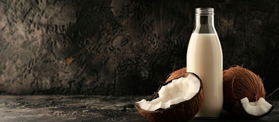Aufkleber - Closeup of a delicious fresh coconut milk bottle against a black backdrop with space for text or image integration. Creative banner. Copyspace image