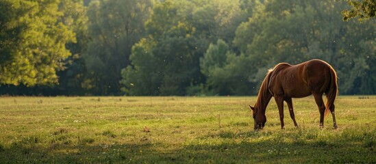 Wall Mural - A serene rural setting with a single chestnut horse grazing peacefully in a vast empty field with abundant green grass featuring a copy space image