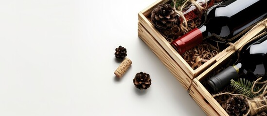 Poster - Wooden gift box with wine bottles on a white background featuring copy space image