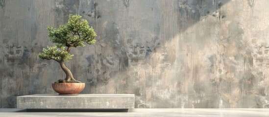 Poster - Vintage style setup featuring a bonsai tree in a clay pot on a concrete podium with abstract wooden decor against a cement loft wall ideal for copy space image
