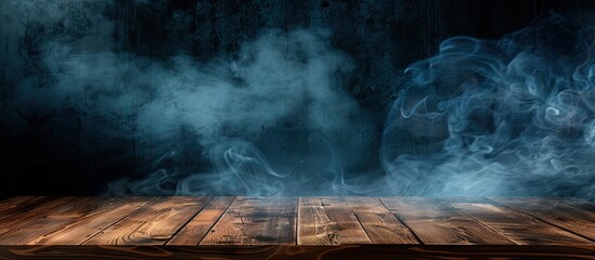 Leinwandbilder - A dark background enhances the visual appeal of an empty wooden table with smoke rising creating an atmospheric and artistic copy space image