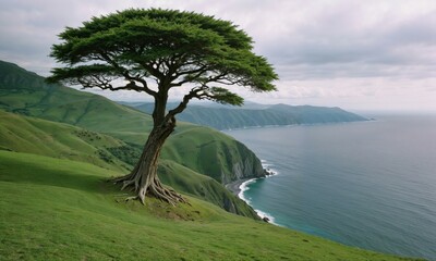 A solitary tree standing tall on a hill that offers a breathtaking view of the ocean beyond