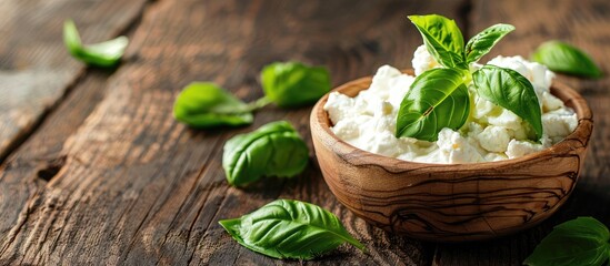 Poster - Wooden table with fresh ricotta and basil close up view for copy space image