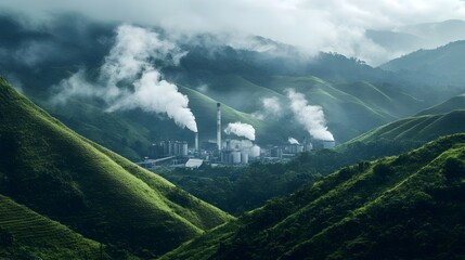 Poster - photograph depicting an industrial factory or power plant surrounded by lush green hills and natural
