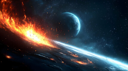 Wall Mural - A fiery explosion erupts on the surface of a planet, with a second planet visible in the distance.