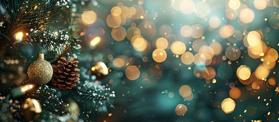 Canvas Print - Fir branches decorated with Christmas balls and gold lights with a blurred abstract background perfect for a copy space image