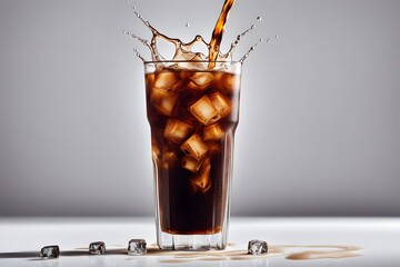 Wall Mural - A tall glass of cold brew coffee with visible ice cubes and a splash of milk on a white background, Ai Generated