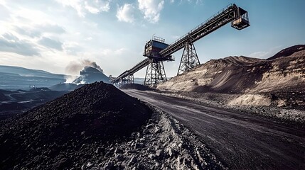 Poster - A photograph of a coal mine with a conveyor belt transporting coal highlighting the role of mining in greenhouse gas emissions and the impact on the environment