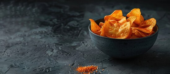 Poster - Potato and paprika chips in a bowl served with mustard and salt on a dark textured background ideal for a copy space image
