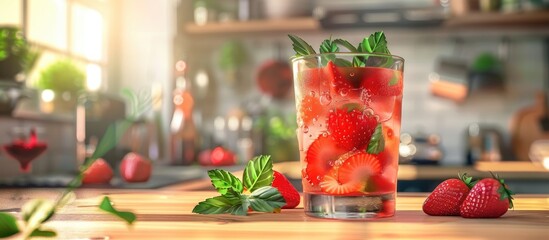 Poster - A summery cocktail featuring strawberries and mint is on display in a well lit kitchen with a copy space image