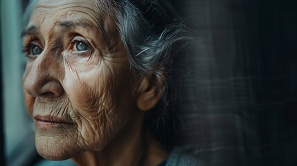 Sticker - A close-up portrait of an elderly woman gazing thoughtfully out of a window, reflecting a sense of contemplation.