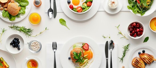 Poster - Various meals arranged alongside writing utensils on a blank white surface ideal as a copy space image