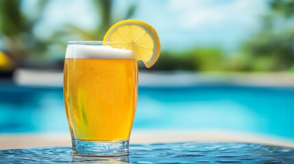 Poster - A cold beer glass with a slice of lemon on the rim, placed on a table by a pool, with bright blue water in the background, ideal for a tropical vibe.