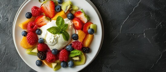 Poster - Italian fusion style appetizer dish featuring Burrata cheese served with mixed fruit salad displayed in a top view copy space image