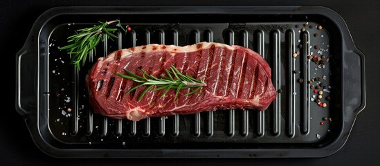 Poster - Top view of a steel tray holding a grilled Wagyu Striploin or New York steak on a black background featuring ample copy space image