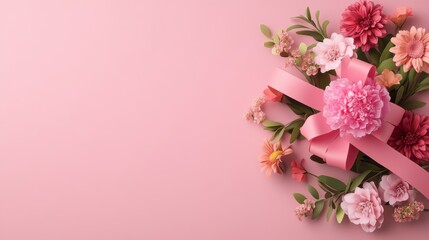 Poster - Pink Flowers and Ribbon on Pink Background