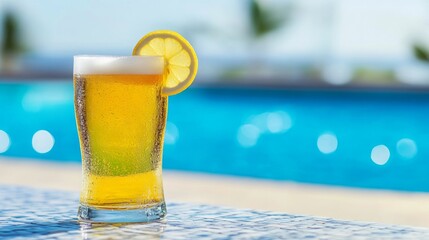 Poster - A cold beer glass with a slice of lemon on the rim, placed on a table by a pool, with bright blue water in the background, ideal for a tropical vibe.