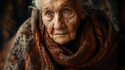 Poster - A close-up portrait of an elderly woman with deep wrinkles and a thoughtful expression, wrapped in a textured shawl.