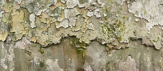 Poster - Realistic wall texture featuring mold spots moss damaged paint layers and grunge strokes ideal for analyzing anti fungal paint with copy space image