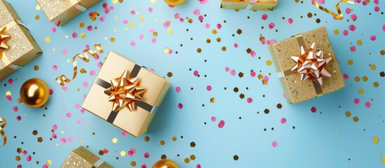 Aufkleber - Top view of golden gift boxes and confetti on a colorful background with space for adding images. Creative banner. Copyspace image