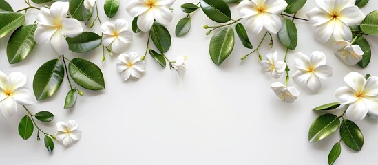 Canvas Print - Copy space image of a white plumeria plant on a white background with blossoming flowers leaves and branches