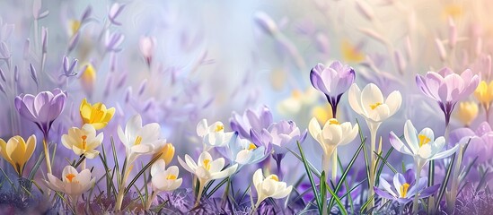 Poster - Crocuses blooming in the garden a banner featuring yellow white violet and purple spring flowers with space for text creating a versatile image for cards posters or backgrounds. Creative banner