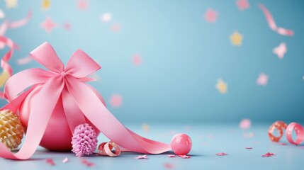 Poster - Pink Bow  Ribbons  and Decorations on Blue Background