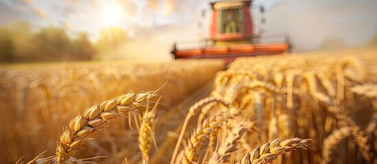 Poster - A close up image of mature wheat in a farm field with a combine harvester in a blurred background providing ample copy space for additional elements