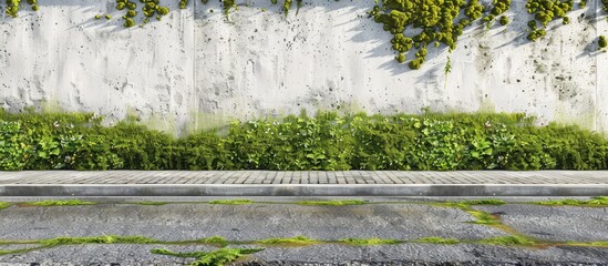 Leinwandbilder - Moss stained white plaster wall with a concrete sidewalk and asphalt road in front a house in the background Ideal grunge background with copy space image