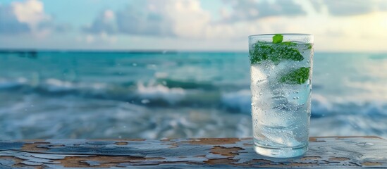 Aufkleber - A glass of cool mineral water with mint on a wooden table offering copy space for food and drinks Summer beach scene serves as the backdrop