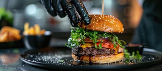 Poster - A hand in a black glove decorating a gourmet burger with fresh greens on a black plate set against a blurred kitchen backdrop providing copy space image