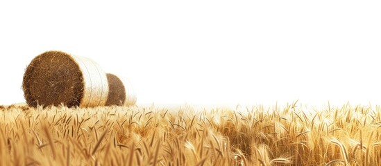 Poster - Copy space image of a rural field post harvest showcasing straw bales Perfect for agricultural background portraying the essence of summer and autumn harvest