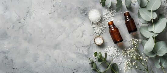Poster - A flat lay display features aromatherapy products like essential oil bottles sea salt and eucalyptus branch on a grey background offering copy space image